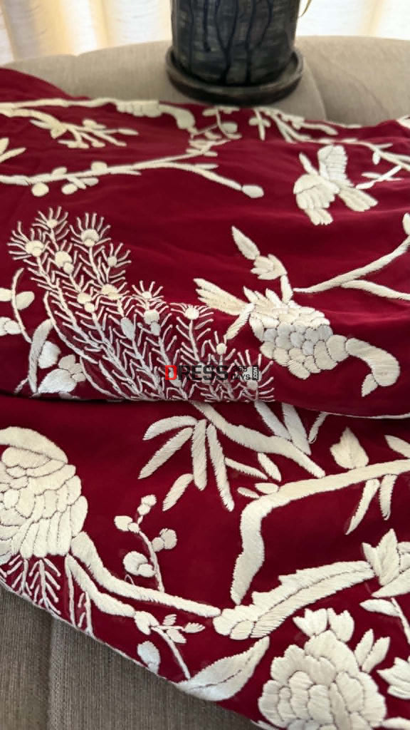 Artisanal Maroon & Ivory Parsi Gara Saree - Parsi Gara Saree