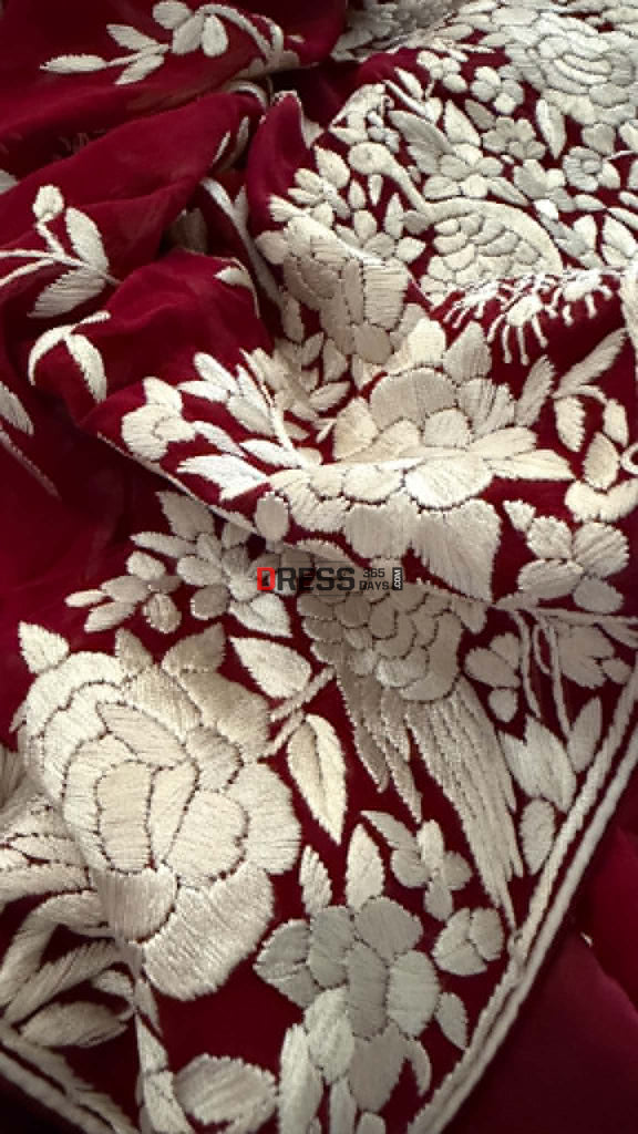 Artisanal Maroon & Ivory Parsi Gara Saree - Parsi Gara Saree