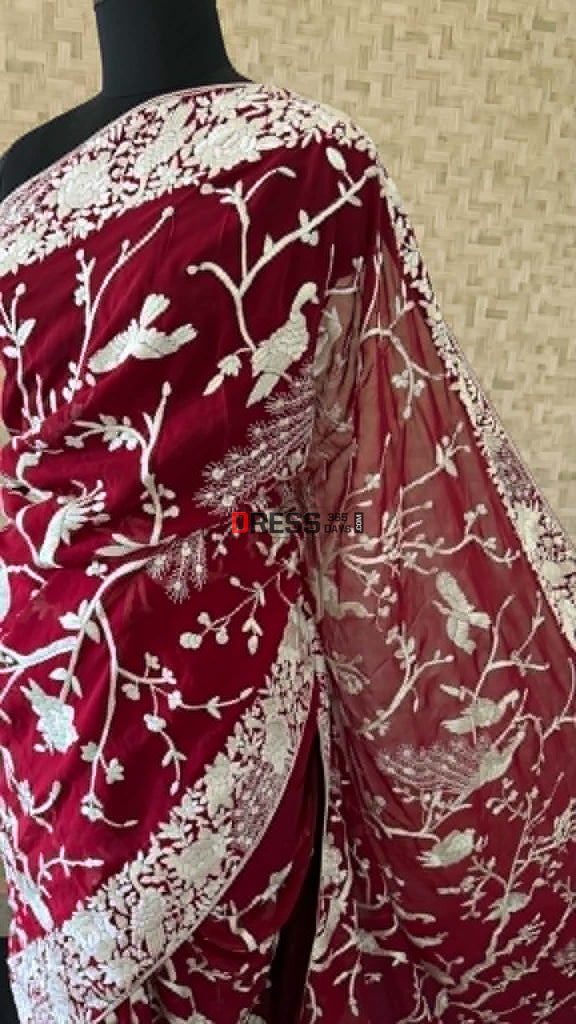 Artisanal Maroon & Ivory Parsi Gara Saree - Parsi Gara Saree