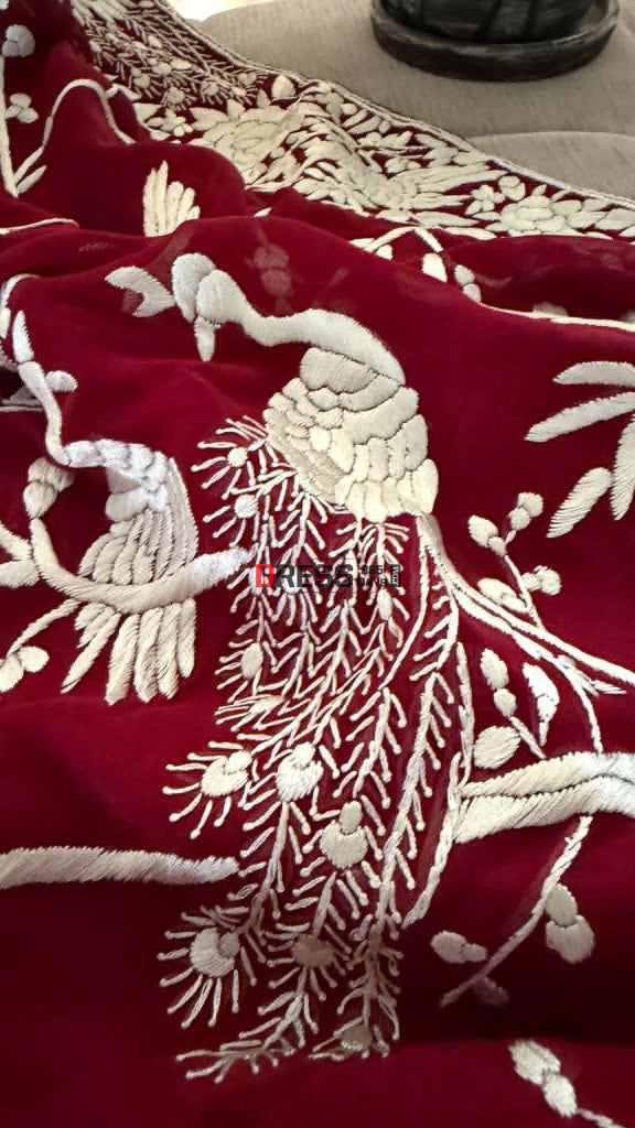 Artisanal Maroon & Ivory Parsi Gara Saree - Parsi Gara Saree