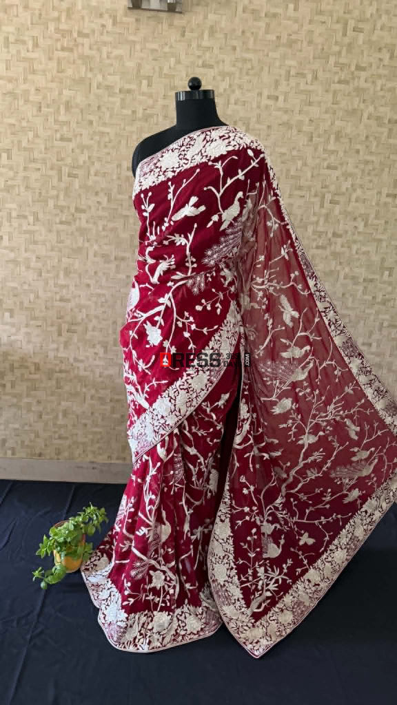 Artisanal Maroon & Ivory Parsi Gara Saree - Parsi Gara Saree