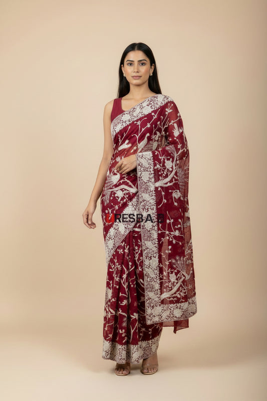 Artisanal Maroon & Ivory Parsi Gara Saree