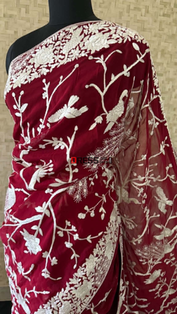 Artisanal Maroon & Ivory Parsi Gara Saree - Parsi Gara Saree