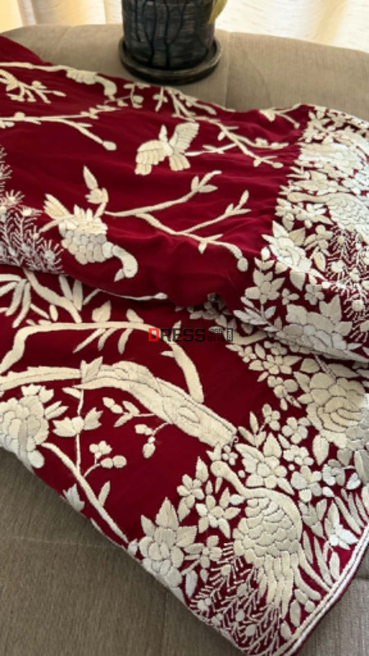 Artisanal Maroon & Ivory Parsi Gara Saree - Parsi Gara Saree
