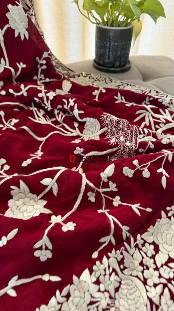 Artisanal Maroon & Ivory Parsi Gara Saree - Parsi Gara Saree
