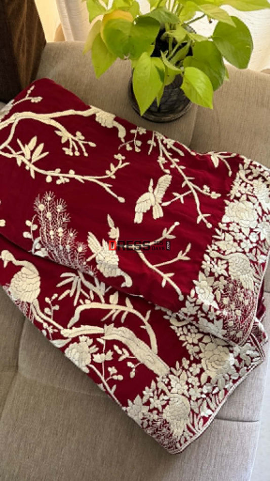 Artisanal Maroon & Ivory Parsi Gara Saree - Parsi Gara Saree