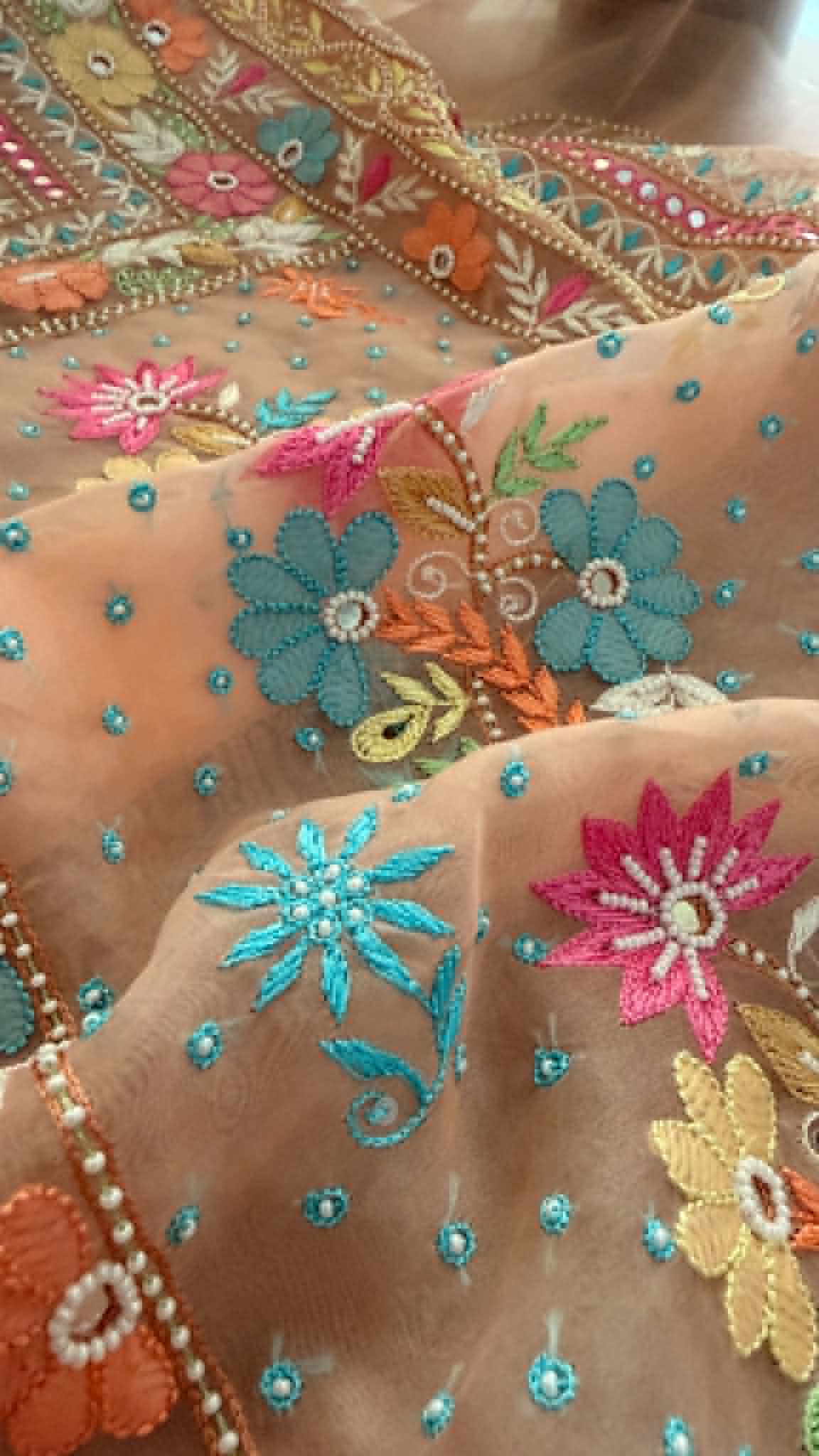 Luxury Pearl Handcrafted Organza Chikankari Suit- Peach