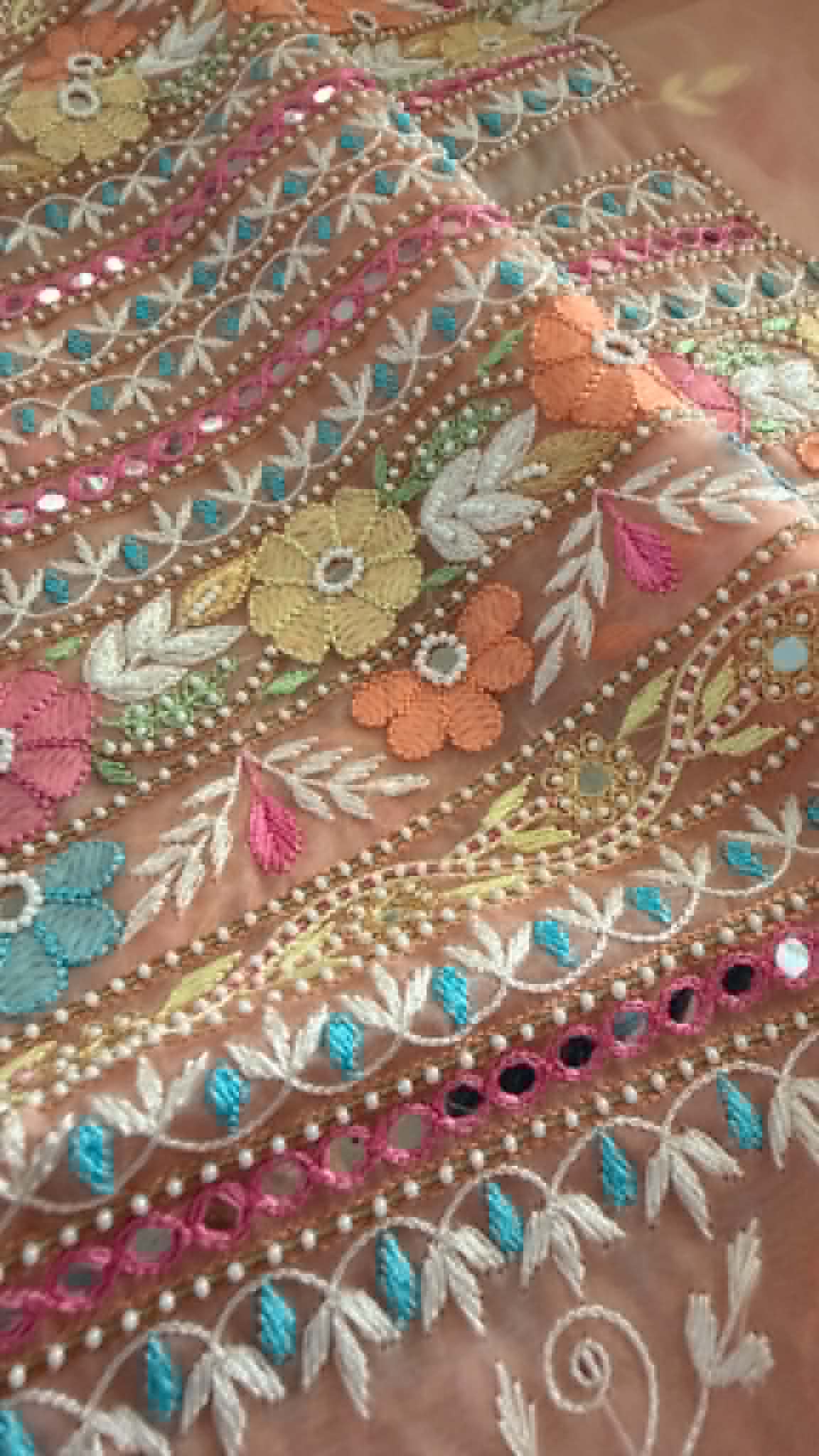 Luxury Pearl Handcrafted Organza Chikankari Suit- Peach