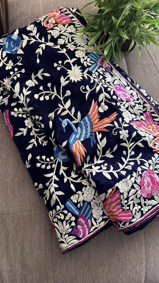 Designer Navy Multicolor Parsi Gara Saree