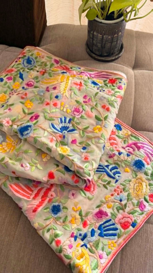 Elegant Ivory Multicolour Parsi Gara Dupatta