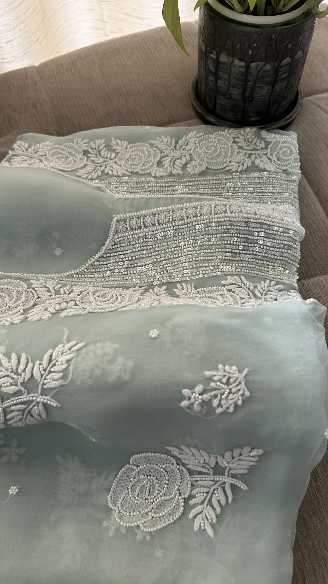 Exclusive Sage Green Organza Pearl Chikankari Suit