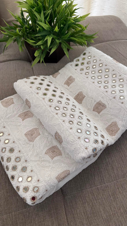 White Pearl , Mirror and Zari Chikankari Suit