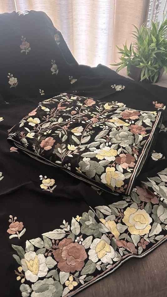 Pre Order Exclusive Black Multicolour  Parsi Gara Suit (Three Piece)