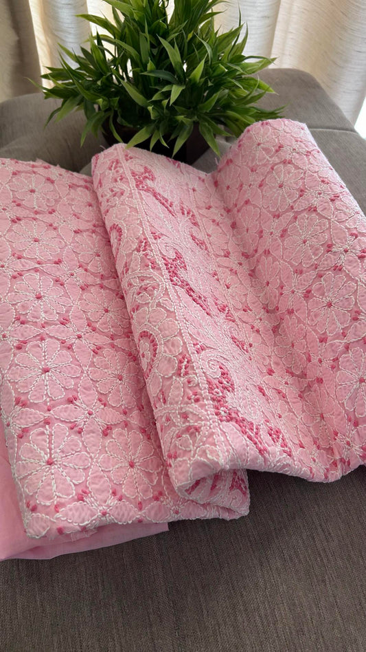 Pink Cotton Chikankari Kurti Fabric (Kurti Fabric)