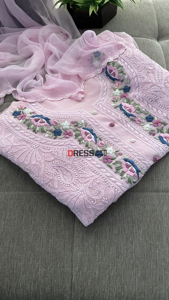 Baby Pink Chikankari Parsi Gara Neckline Suit Suits