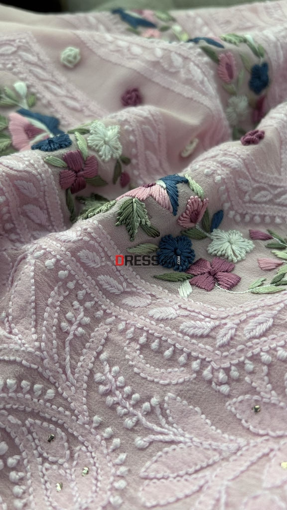 Baby Pink Chikankari Parsi Gara Neckline Suit Suits