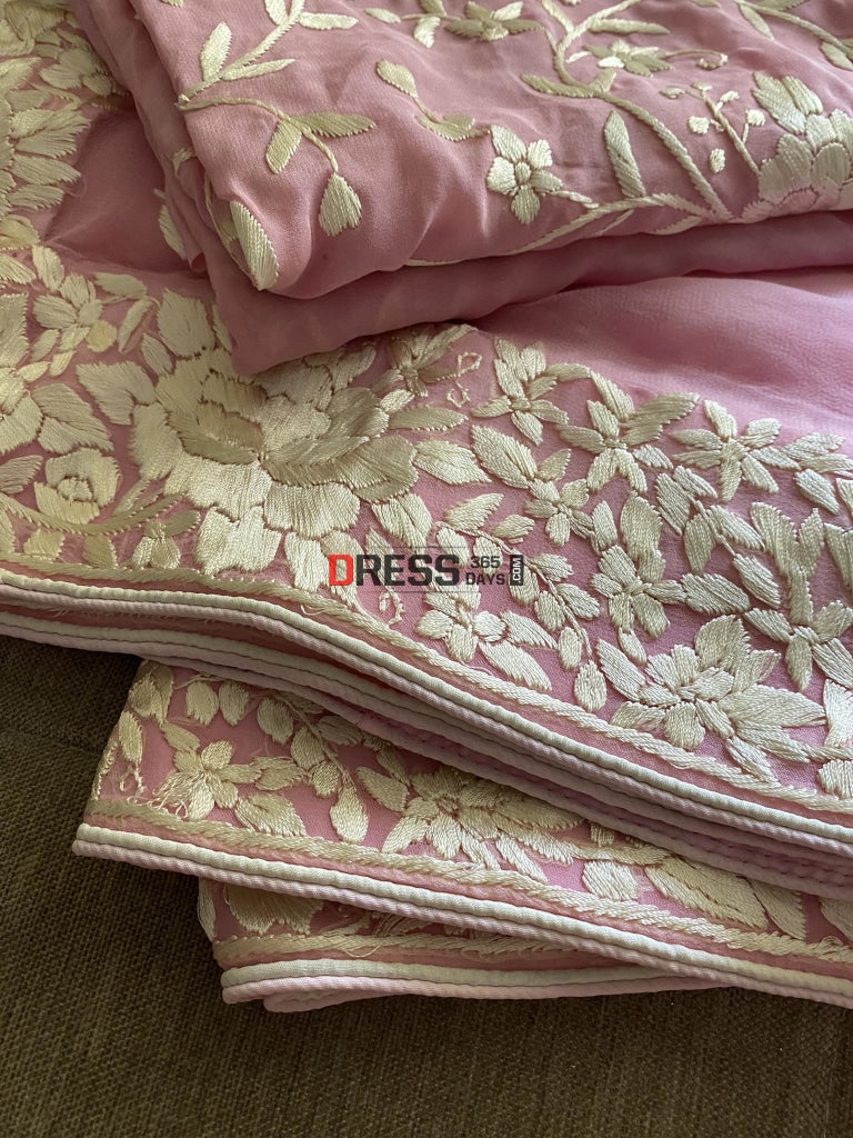 Baby Pink & Ivory Parsi Gara Hand Crafted Suit (Three Piece) Suits