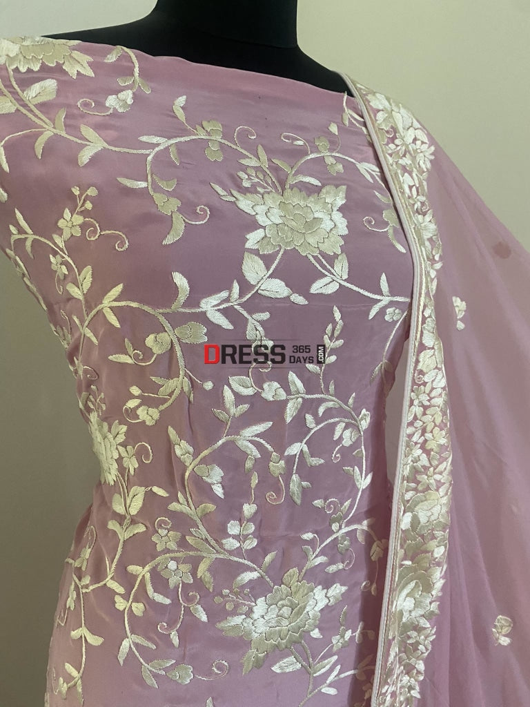 Baby Pink & Ivory Parsi Gara Hand Crafted Suit (Three Piece) Suits