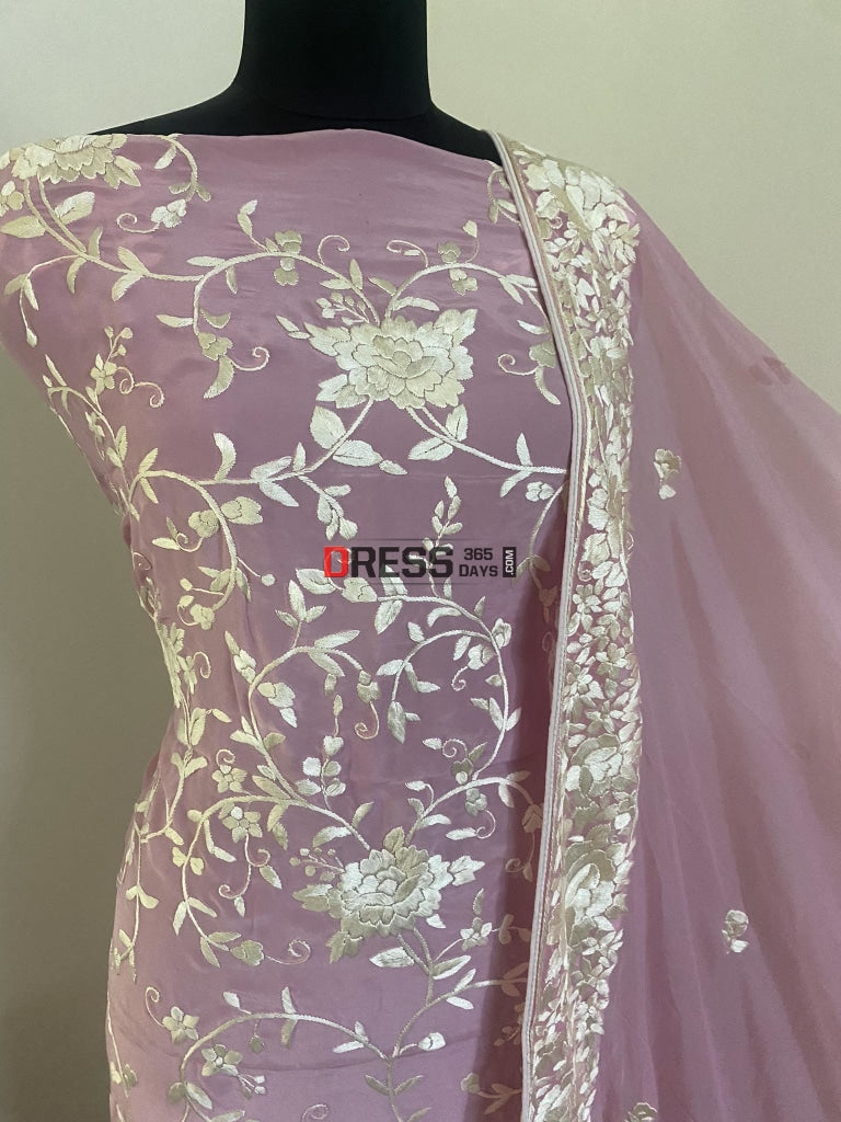 Baby Pink & Ivory Parsi Gara Hand Crafted Suit (Three Piece) Suits