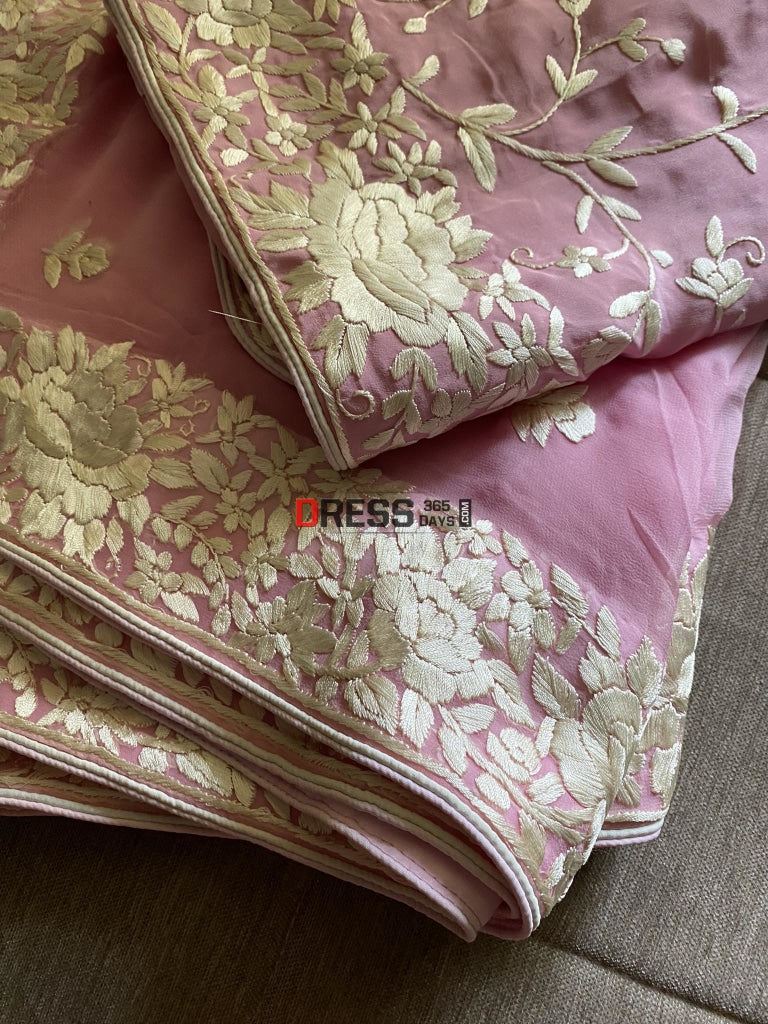 Baby Pink & Ivory Parsi Gara Hand Crafted Suit (Three Piece) Suits