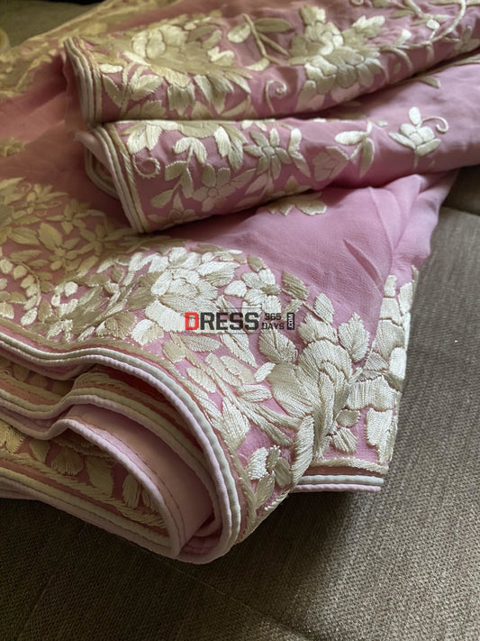 Baby Pink & Ivory Parsi Gara Hand Crafted Suit (Three Piece) Suits