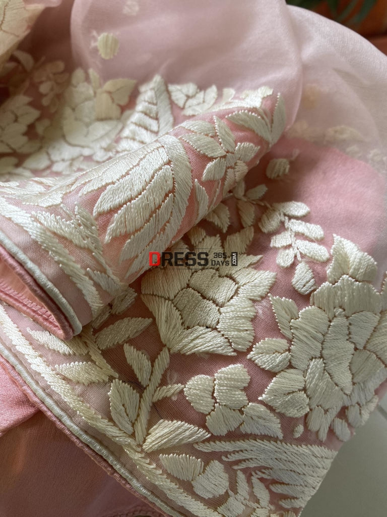 Baby Pink Organza Parsi Gara Hand Embroidered Dupatta