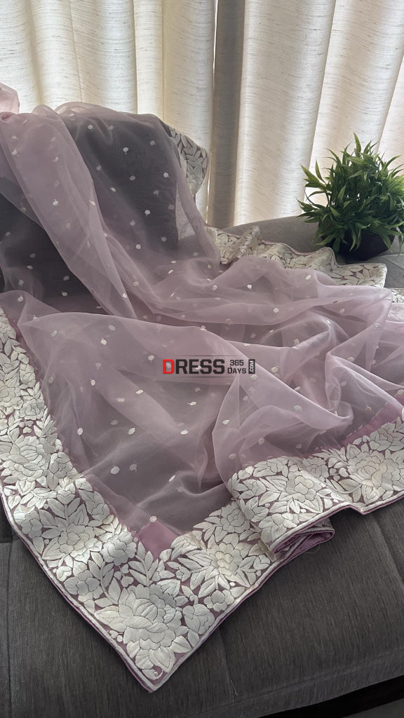 Baby Pink Organza Parsi Gara Hand Embroidered Dupatta