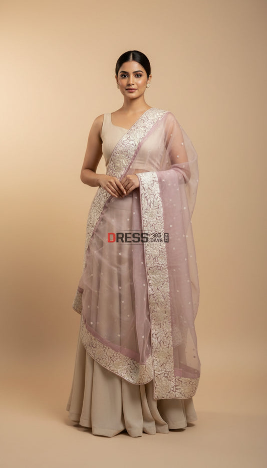 Pre Order Baby Pink Organza Parsi Gara Hand Embroidered Dupatta