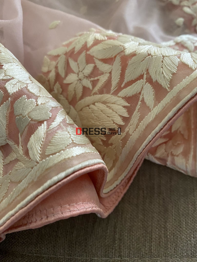 Baby Pink Organza Parsi Gara Hand Embroidered Dupatta