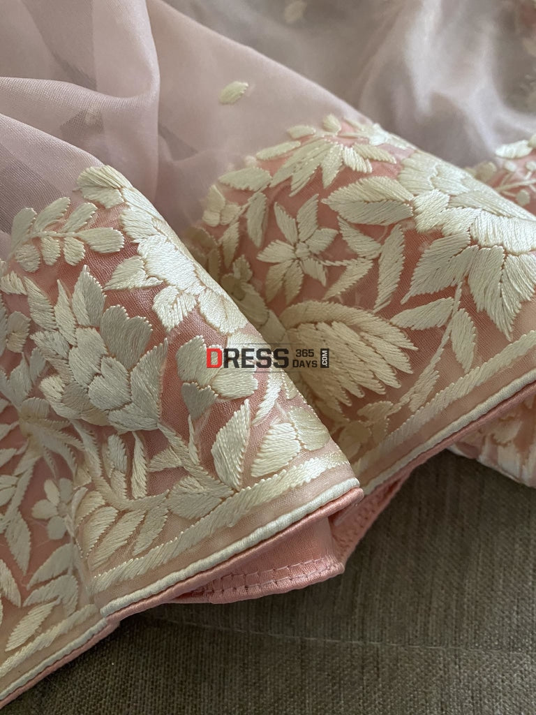 Baby Pink Organza Parsi Gara Hand Embroidered Dupatta