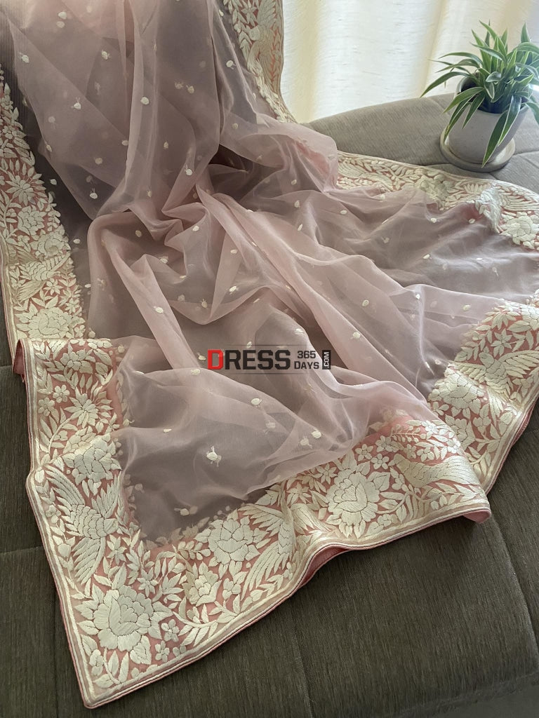 Baby Pink Organza Parsi Gara Hand Embroidered Dupatta