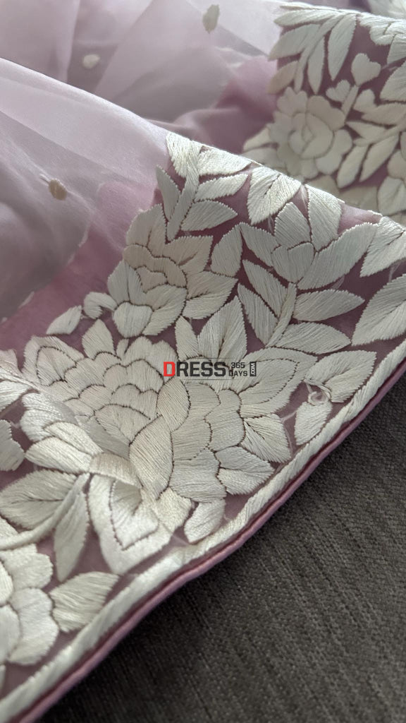 Baby Pink Organza Parsi Gara Hand Embroidered Dupatta