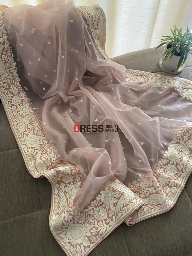 Baby Pink Organza Parsi Gara Hand Embroidered Dupatta