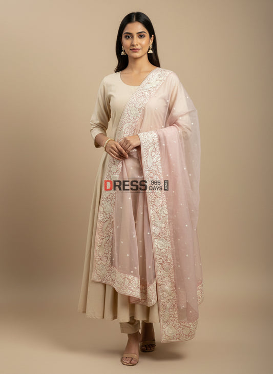 Baby Pink Organza Parsi Gara Hand Embroidered Dupatta