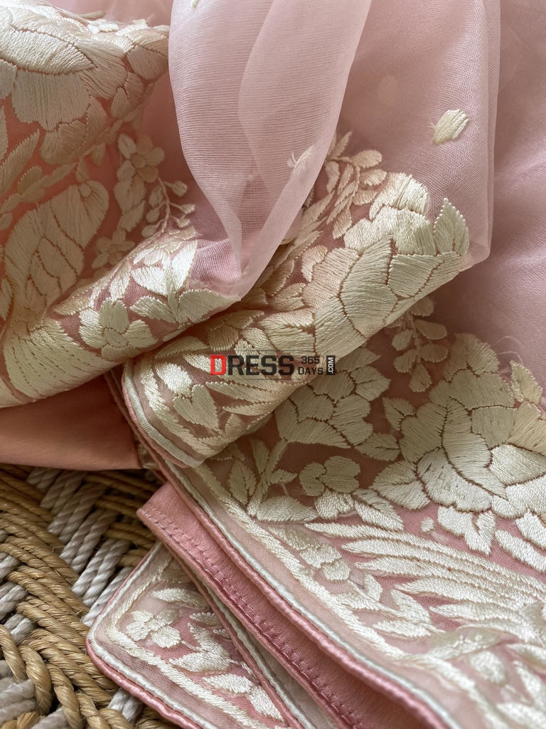 Baby Pink Organza Parsi Gara Hand Embroidered Dupatta