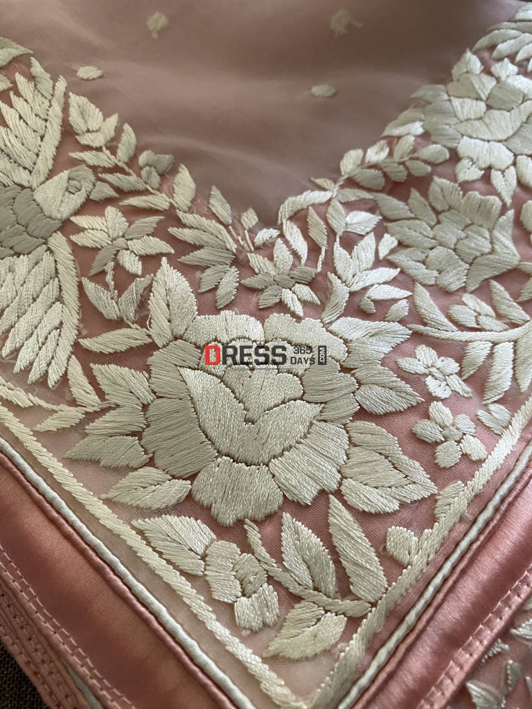 Baby Pink Organza Parsi Gara Hand Embroidered Dupatta