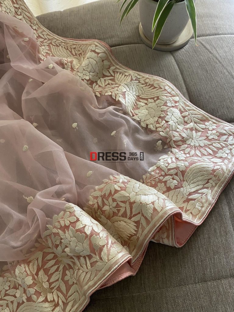 Baby Pink Organza Parsi Gara Hand Embroidered Dupatta