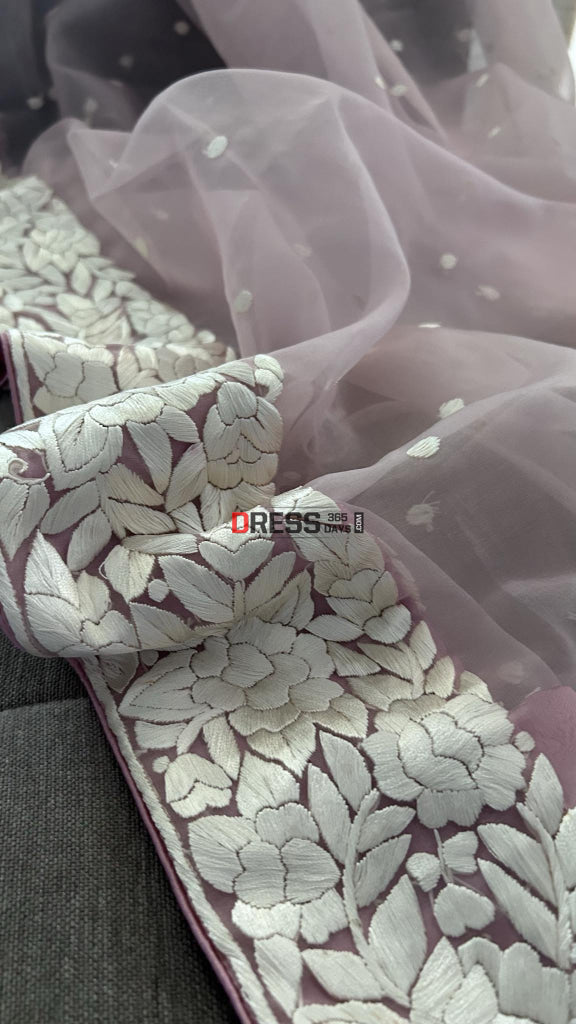 Baby Pink Organza Parsi Gara Hand Embroidered Dupatta