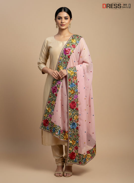 Pre Order Baby Pink Parsi Gara Hand Embroidered Dupatta