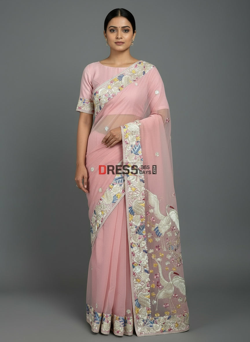 Pre Order Baby Pink Parsi Gara Hand Embroidered Saree