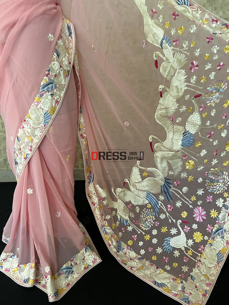 Baby Pink Parsi Gara Hand Embroidered Saree