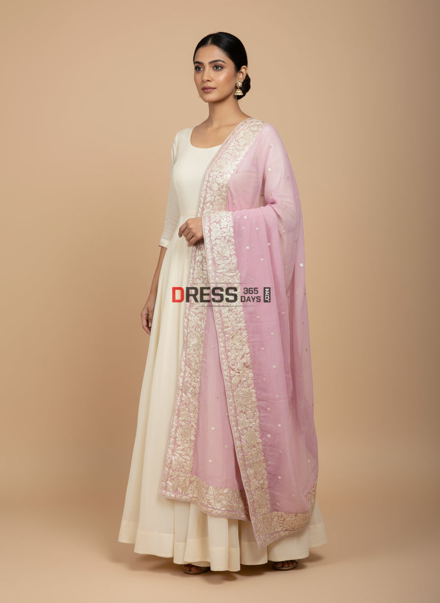 Baby Pink Pure Georgette Parsi Gara Dupatta