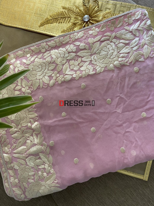 Baby Pink Pure Georgette Parsi Gara Dupatta