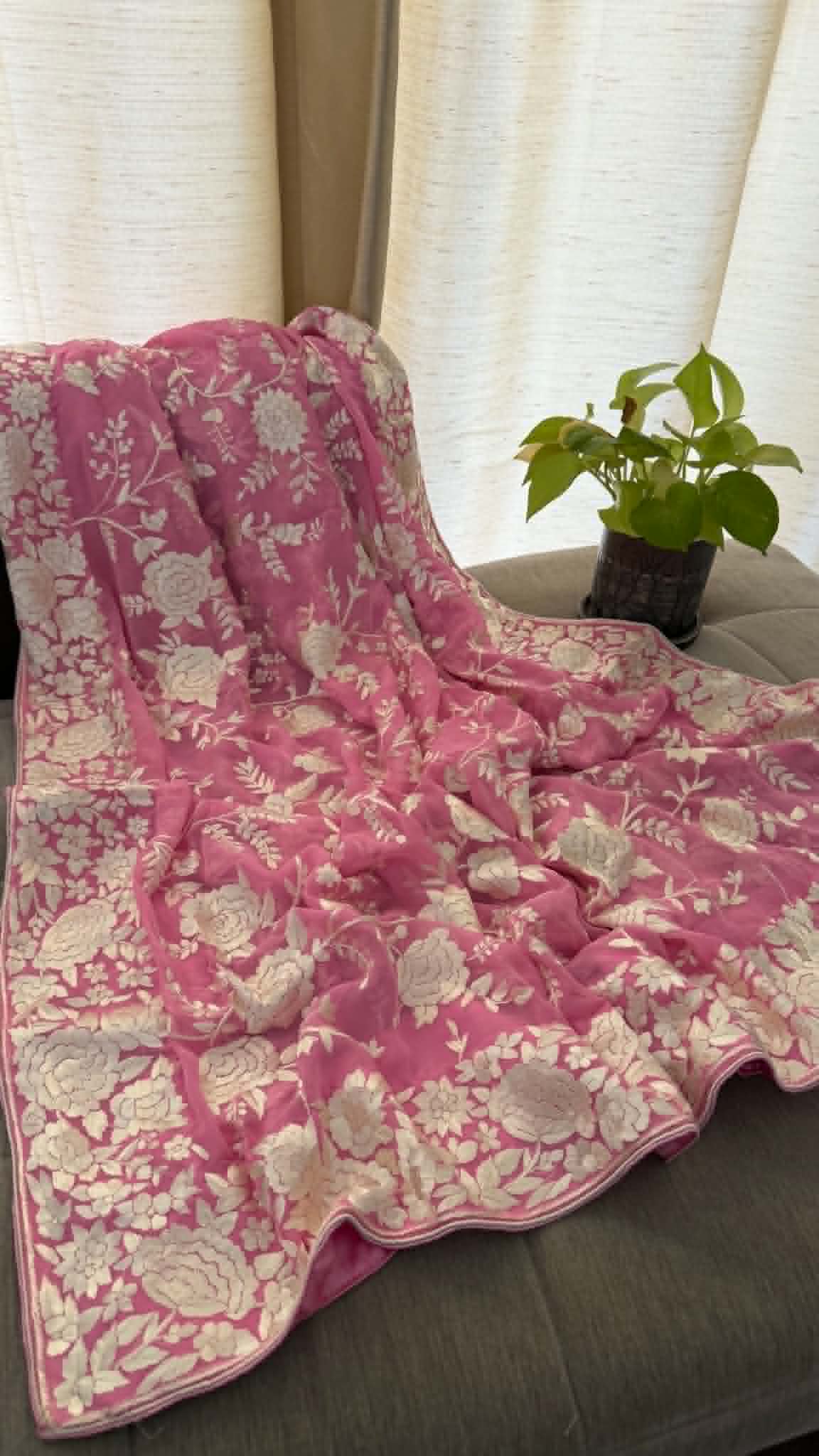 Elegant Pink & Ivory Parsi Gara Dupatta