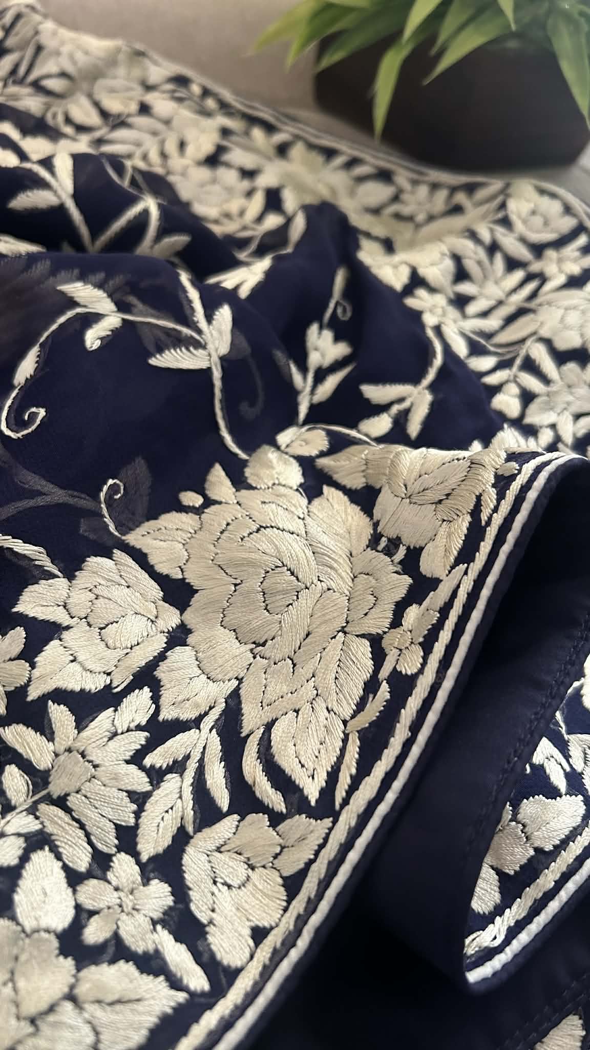 Elegant Navy Ivory Parsi Gara Saree