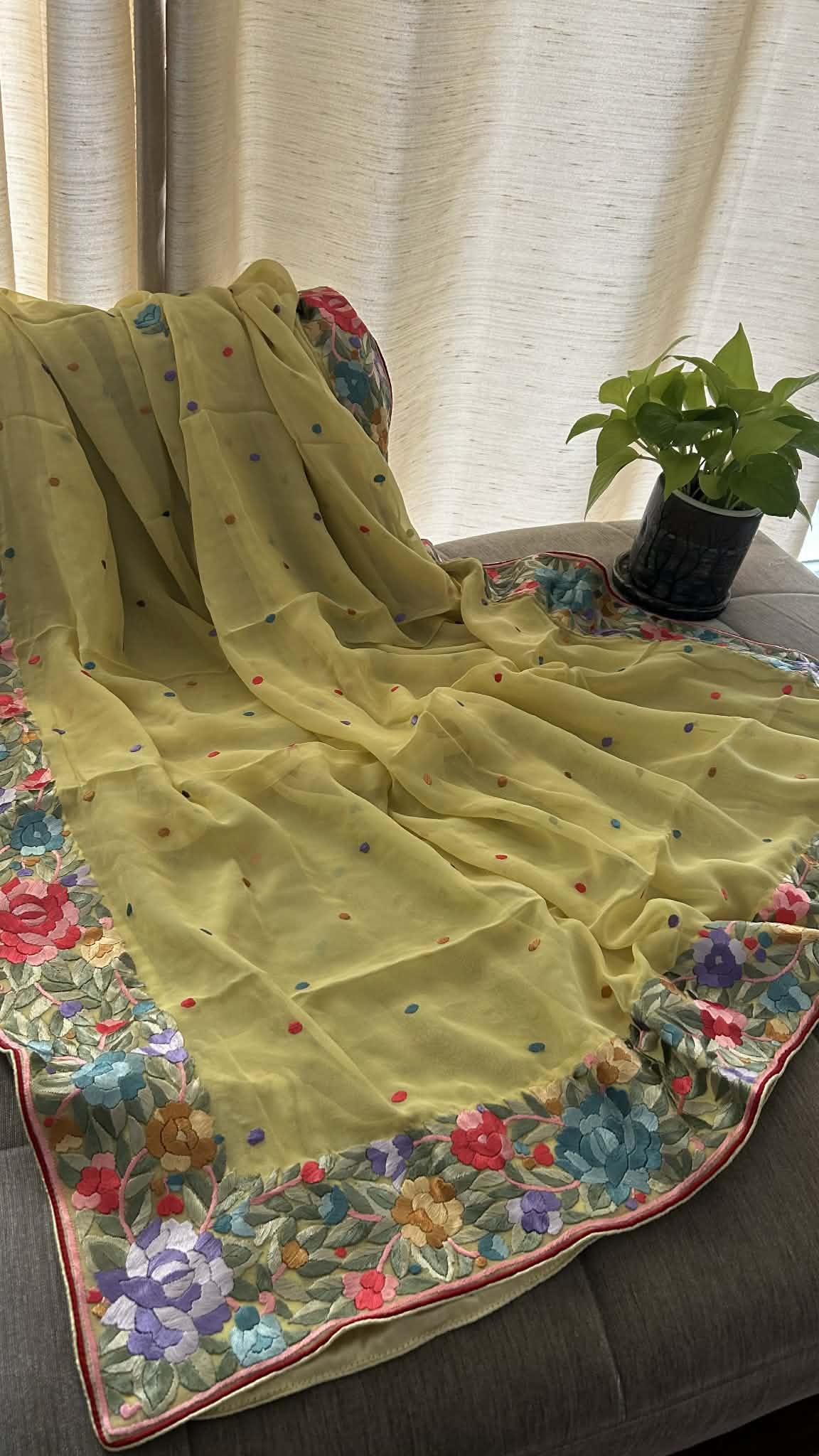 Artisanal Lemon Yellow Parsi Gara Dupatta