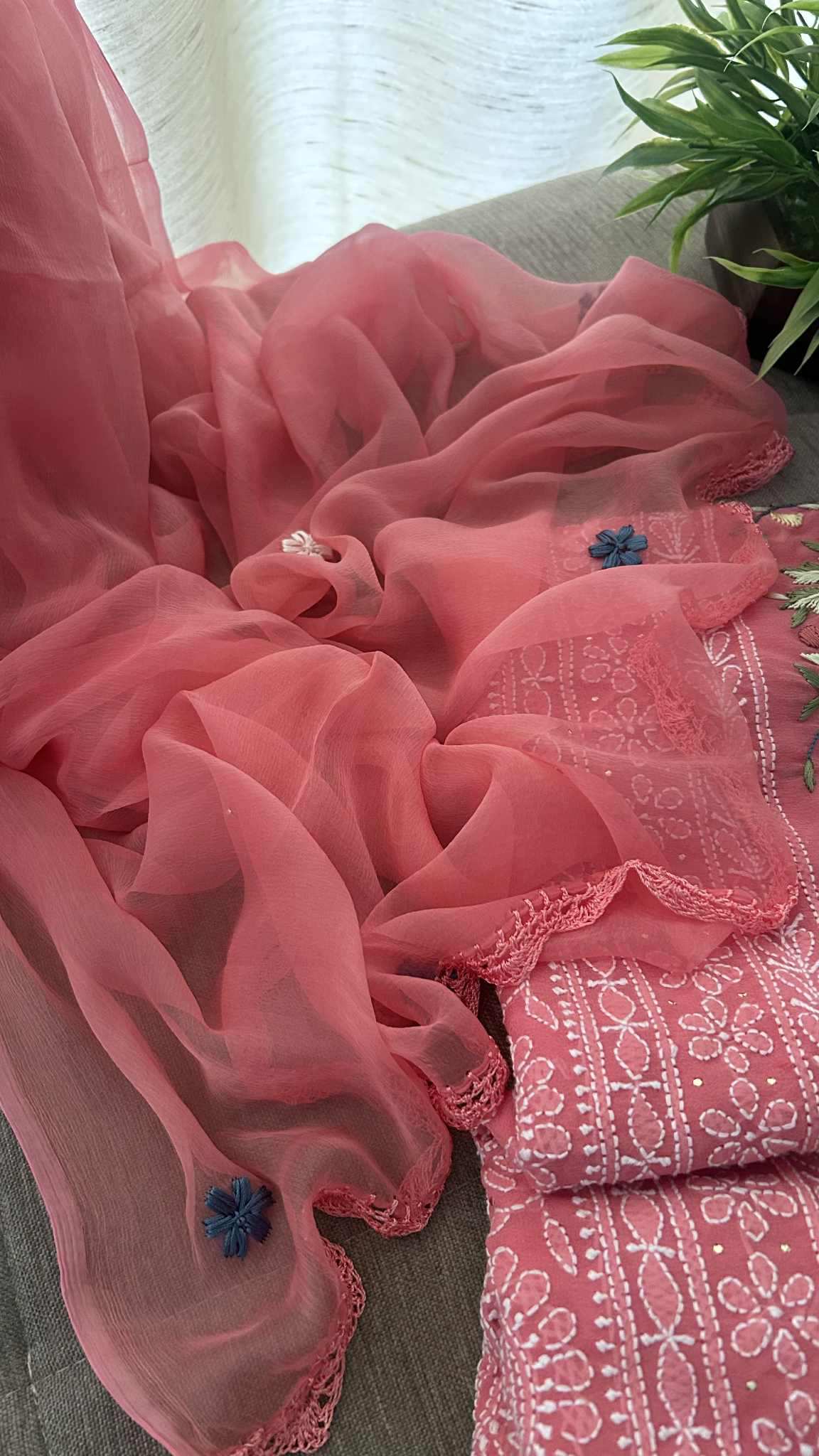 Dark Peach Chikankari Parsi Gara Daman Suit