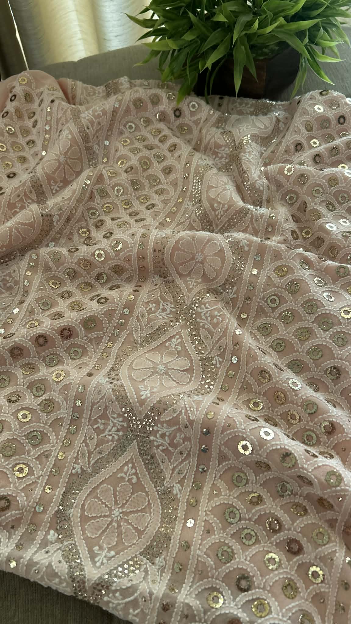 Pastel Pink Ring Mukaish Chikankari Suit (Kurta & Dupatta)