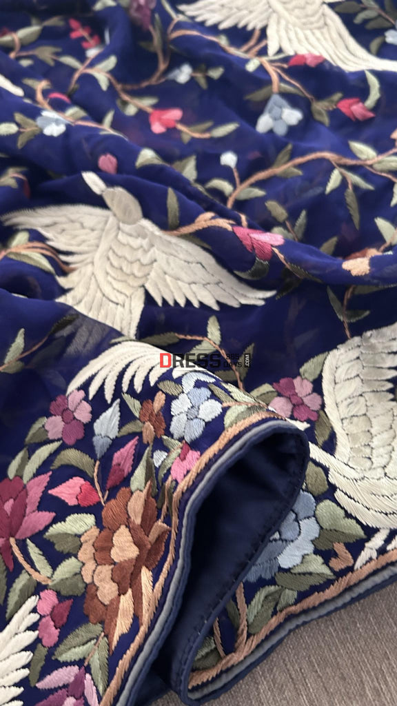 Beautiful Navy Multicolour Parsi Gara Dupatta