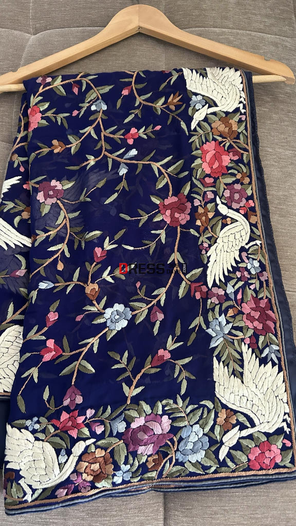 Beautiful Navy Multicolour Parsi Gara Dupatta